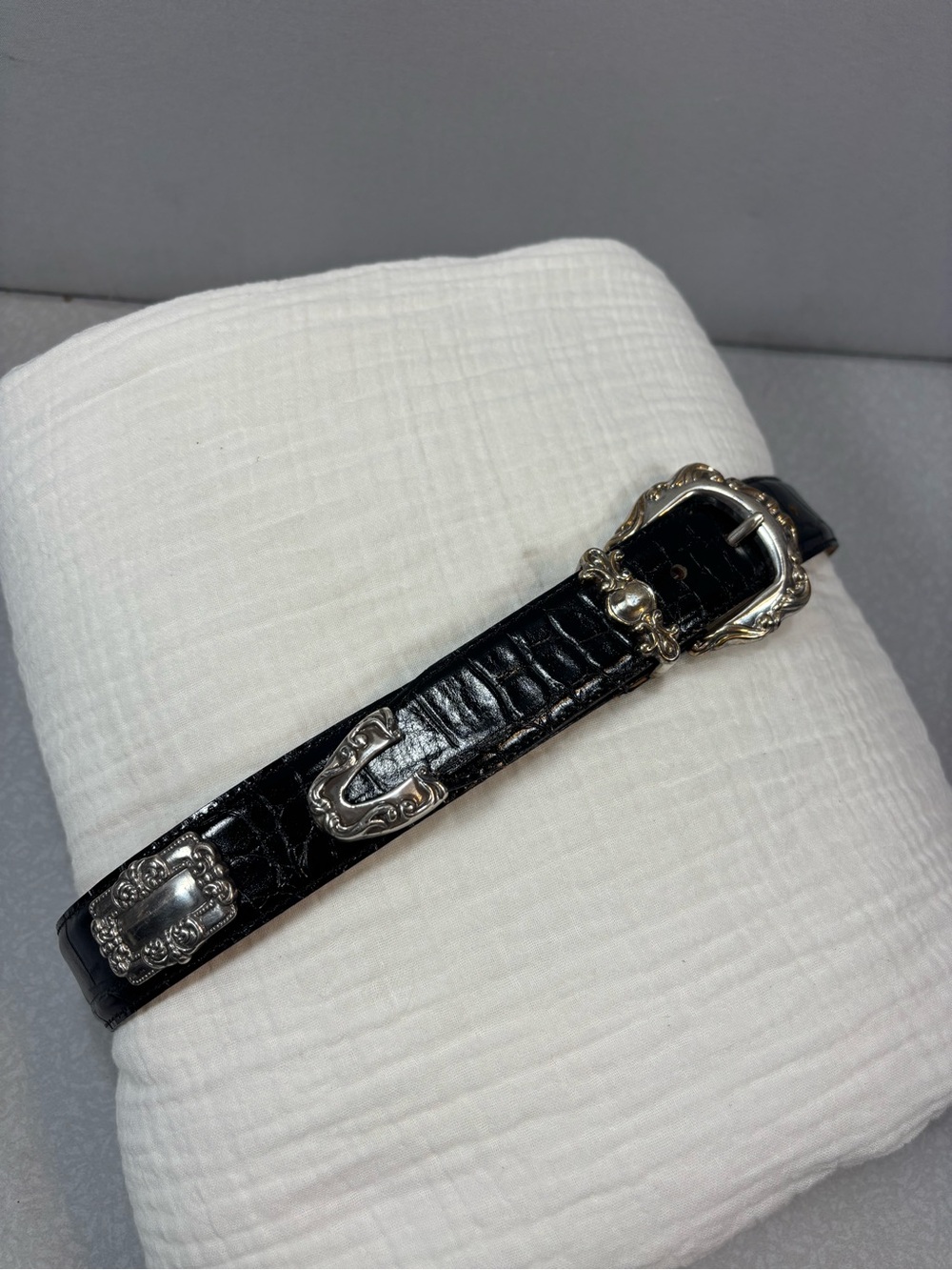 Black Croc Embossed Western Leather Belt with Silver Buckle and Medallions Sz S